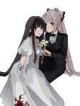  2girls black_bow black_bowtie black_eyes black_hair black_jacket black_pants black_vest blood blood_on_clothes blood_on_hands blush bow bowtie bridal_veil dress elbow_gloves embarrassed flower fujiwara_no_mokou gloves hair_bow highres hime_cut holding holding_flower houraisan_kaguya jacket jyazo_pic long_hair looking_at_viewer multiple_girls pants red_eyes shirt sidelocks sitting smile solo tongue tongue_out touhou veil very_long_hair vest wedding_dress white_background white_dress white_gloves white_hair white_shirt 