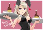  1girl absurdres alternate_costume animal_ear_hairband animal_ears black_leotard border bottle breasts ceras_yanagida_lilienfeld cleavage commentary covered_navel english_text fake_animal_ears hairband happy_birthday heart highres holding holding_tray large_breasts leotard link!_like!_love_live! long_hair looking_at_viewer love_live! outside_border pink_background playboy_bunny rabbit_ear_hairband rabbit_ears simple_background single_hair_intake smiley_face solo strapless strapless_leotard symbol-only_commentary tray upper_body virtual_youtuber whin white_border wine_bottle 