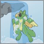 avian beak feathered_wings feathers green_body gryphon mythological_avian mythological_creature mythology outside smile solo symrea telegram_sticker toony wings