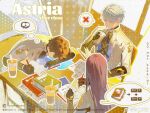  1girl 22nian22 2boys black_gloves blue_eyes book brown_hair crying cup faceless faceless_male gloves holding holding_book holding_cup holding_pen jacket jeremiah_(love_and_deepspace) long_hair love_and_deepspace multiple_boys official_alternate_costume pen protagonist_(love_and_deepspace) short_hair sitting sitting_on_table speech_bubble spoken_object thought_bubble white_hair white_jacket xavier_(love_and_deepspace) 