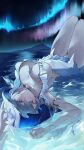  1girl absurdres armlet aurora blue_eyes blue_hair blue_veil breasts closed_mouth colored_eyelashes commentary_request dress hair_between_eyes highres jewelry knees_up korean_commentary large_breasts legs_together long_hair looking_at_viewer lying night night_sky on_back outdoors partially_submerged revision shorekeeper_(wuthering_waves) sky sleeveless sleeveless_dress smile12190 solo thighs two-tone_veil veil very_long_hair white_dress white_veil wuthering_waves 