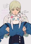  1boy 1girl :o armpit_carry artist_name bandaid bandaid_on_face bandaid_on_nose black_corset blonde_hair blue_eyes closed_mouth colored_eyelashes commentary_request corset dated deux_murasame expressionless freckles gates_capa green_eyes grey_background gundam gundam_gquuuuuux head_on_head head_rest highres lifting_person long_hair long_sleeves nkgm open_mouth purple_pupils shirt short_hair signature simple_background translation_request updo watermark white_background white_hair white_shirt 