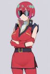  1girl amate_yuzuriha belt breasts cosplay crossed_arms earrings gloves grey_hair gundam gundam_gquuuuuux hakugin120 highres jewelry large_breasts pants quattro_bajeena quattro_bajeena_(cosplay) red_gloves red_hair shirt short_hair simple_background sleeveless solo sunglasses zeta_gundam 