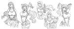  1girl :d armpits arms_behind_head bare_shoulders belt breasts cleavage closed_mouth collage collarbone cowboy_shot crop_top earrings elbow_gloves elbow_pads final_fantasy final_fantasy_vii final_fantasy_vii_rebirth final_fantasy_vii_remake fingerless_gloves floating_earrings gloves greyscale hair_behind_ear hair_flip hair_tie hand_on_own_hip hand_up head_tilt highres jewelry kubo_tite_(style) large_breasts leaning_forward long_hair looking_at_viewer low-tied_long_hair low_ponytail midriff miniskirt monochrome navel open_mouth pleated_skirt ponytail rakusakugk shirt simple_background single_arm_guard single_earring single_elbow_pad single_sidelock sitting sketch skirt sleeveless sleeveless_shirt smile solo sports_bra stretching suspender_skirt suspenders swept_bangs tank_top teeth thighhighs thighs tifa_lockhart undershirt underwear upper_body upper_teeth_only v very_long_hair white_background white_shirt zettai_ryouiki 