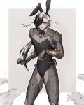  !? +++ 1boy absurdres animal_ears artist_name black_bow black_bowtie black_eyes black_hair black_hairband black_leotard blush boothill_(honkai:_star_rail) border bow bowtie bullet_earrings clenched_teeth commentary crossdressing crossed_bangs cyborg detached_collar ear_piercing earrings english_commentary english_text fake_animal_ears fake_tail gold_earrings grey_background hair_between_eyes hair_over_one_eye hairband highleg highleg_leotard highres holding holding_money honkai:_star_rail honkai_(series) jewelry leotard long_hair looking_at_viewer low_ponytail luciidkatt male_focus male_playboy_bunny mole mole_under_eye money multicolored_hair one_eye_covered outside_border parted_bangs piercing playboy_bunny ponytail rabbit_boy rabbit_ears rabbit_tail sharp_teeth solo standing strapless strapless_leotard streaked_hair tail teeth tucked_money v-shaped_eyebrows white_border white_hair wing_collar 