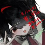  1girl :d aegyo_sal ame-chan_(needy_girl_overdose) bandaged_head bandages black_hair dilated_pupils hair_ornament hair_over_one_eye looking_at_viewer naishukketsukata neck_ribbon needy_girl_overdose portrait red_eyes red_shirt ribbon shirt short_twintails smile solo twintails v x_hair_ornament 