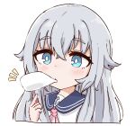  1girl blue_eyes blush closed_mouth eating food hair_between_eyes hibiki_(kancolle) holding holding_food kantai_collection long_hair long_sleeves morita_(mofuball319) neckerchief sailor_collar school_uniform serafuku shirt simple_background solo upper_body white_background white_shirt 
