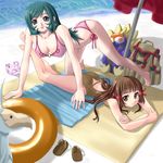  all_fours beach bikini black_eyes brown_eyes brown_hair day green_hair innertube kotona_elegance long_hair lying multiple_girls on_stomach re_mii swimsuit yaso_shigeru zoids zoids_genesis 