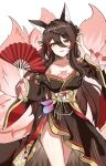  1girl absurdres animal_ear_fluff animal_ears asdff9919 black_robe blush breasts brown_hair brown_kimono cleavage fox_ears fox_girl fox_tail fugue_(honkai:_star_rail) green_eyes hair_between_eyes hair_ornament hand_fan highres holding holding_fan honkai:_star_rail honkai_(series) japanese_clothes kimono kitsune kyuubi long_hair looking_at_viewer multiple_tails off_shoulder pink_tail red_nails robe simple_background smile solo tail tingyun_(honkai:_star_rail) white_background wide_sleeves 