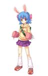  animal_ears artist_request backpack bag blue_hair boxing_gloves bunny_(trickster) bunny_ears gloves headband hood hoodie loose_socks red_eyes skirt socks solo standing trickster 