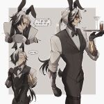  1boy absurdres alcohol animal_ears artist_name belt belt_buckle black_belt black_bow black_bowtie black_eyes black_hair black_hairband black_pants black_ribbon black_vest blush boothill_(honkai:_star_rail) border bow bowtie buckle buttons clenched_hand clenched_teeth closed_eyes cocktail cocktail_glass collared_shirt commentary cowboy_shot crack crossed_bangs cup cyberpunk drinking_glass english_commentary english_text fake_animal_ears fake_tail grey_background grin hair_between_eyes hair_over_one_eye hair_ribbon hairband hand_up hands_up highres holding holding_leotard holding_tray honkai:_star_rail honkai_(series) ice ice_cube lapels leotard long_hair looking_ahead luciidkatt male_focus multicolored_hair multiple_views olive one_eye_covered outline outside_border pants parted_bangs ponytail rabbit_boy rabbit_ears rabbit_tail red_pupils ribbon sharp_teeth shirt simple_background sleeves_rolled_up smile speech_bubble squiggle standing streaked_hair tail teeth thigh_strap tray unworn_leotard v-shaped_eyebrows vest white_border white_hair white_outline white_shirt wing_collar 