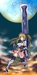  adapted_costume alternate_weapon armor belt blonde_hair fate_testarossa gauntlets gloves greaves highres long_hair lyrical_nanoha mahou_shoujo_lyrical_nanoha moon red_eyes ribbon skirt solo sword thighhighs twintails weapon 