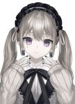  1girl absurdres black_bow black_bowtie black_nails blonde_hair bow bowtie commentary_request earrings facial_mark heart heart_facial_mark highres jewelry kkamkkam long_sleeves looking_at_viewer maid_headdress mark_under_eye nail_polish original parted_lips pointy_ears purple_eyes ringed_eyes sleeves_past_wrists star_(symbol) star_facial_mark sweater twintails upper_body white_background white_sweater 