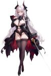  1girl admiral_zenker_(azur_lane) azur_lane between_breasts black_horns black_leotard black_ribbon black_thighhighs blush bow breasts center_opening cleavage clothing_cutout cross crossed_legs demon_horns earrings frilled_sleeves frills full_body groin hair_on_horn hand_up high_heels highleg highleg_leotard highres holding holding_sword holding_weapon horns iron_cross jewelry lace-trimmed_legwear lace_trim large_breasts legs leotard long_hair long_sleeves looking_at_viewer multicolored_hair navel navel_cutout non-web_source official_art parted_lips rapier red_eyes red_hair revealing_clothes ribbon shrug_(clothing) simple_background skindentation smile solo standing stomach_cutout streaked_hair sword thighhighs thighs transparent_background very_long_hair waist_cape watson_cross weapon white_hair wide_sleeves 