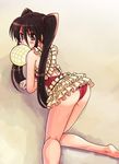  all_fours ass barefoot black_hair bread brown_eyes casual_one-piece_swimsuit food hamoto long_hair looking_up melon_bread mouth_hold non-web_source one-piece_swimsuit shakugan_no_shana shana solo swimsuit twintails 