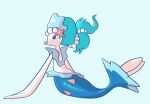 absurd_res ambiguous_gender asterozoan blue_body blue_hair echinoderm feral fin flat_chested frown generation_7_pokemon hair hi_res marine momensarada multicolored_body nintendo orange_nose pokemon pokemon_(species) ponytail primarina solo starfish starfish_(accessory) tagme white_body