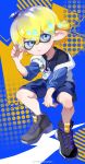  1boy absurdres black_shirt black_shoes black_shorts blonde_hair blue_eyes blue_shorts boots closed_mouth daziran_de_duqiyan dog_tags full_body gradient_hair hair_between_eyes highres hood hood_down inking inkling inkling_boy inkling_player_character jacket long_sleeves looking_at_viewer male_focus multicolored_hair pointy_ears shirt shoes short_hair shorts smile sneakers solo splatoon_(series) splatoon_2 tentacle_hair white_jacket 