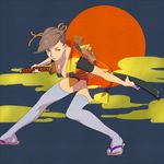  bad_id bad_pixiv_id breasts brown_hair cleavage cloud esukee fighting_stance hair_bun japanese_clothes katana legs medium_breasts original pose ready_to_draw red_sun sandals solo sun sword thighhighs weapon 