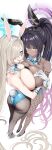  1boy 2girls absurdly_long_hair absurdres animal_ear_hairband animal_ears aqua_bow aqua_bowtie aqua_leotard arm_tattoo ass asuna_(blue_archive) asuna_(bunny)_(blue_archive) black_leotard black_shoes blue_archive blush bow bowtie breast_press breasts cleavage commentary dark-skinned_female dark_skin detached_collar doodle_sensei_(blue_archive) fake_animal_ears fake_tail fishnet_pantyhose fishnets full_body girl_sandwich gloves grey_pantyhose hairband halo hanakonenne high_heels highres huge_breasts karin_(blue_archive) karin_(bunny)_(blue_archive) leotard long_hair looking_at_viewer mole mole_on_breast multiple_girls number_tattoo official_alternate_costume pantyhose person_between_breasts ponytail rabbit_ear_hairband rabbit_ears rabbit_tail sandwiched sensei_(blue_archive) shoes smile straight_hair sweat sweatdrop tail tattoo thighband_pantyhose very_long_hair white_gloves white_shoes 