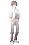  1boy arm_at_side blazer brown_eyes brown_hair cevio checkered_bracelet collared_shirt commentary_request converse dairi full_body grey_pants grey_shoes hand_on_own_hip highres jacket large_variant_set looking_to_the_side male_focus open_mouth pants shirt shoes short_hair sleeves_rolled_up smile sneakers solo standing sweatdrop tachi-e takahashi_amato transparent_background variant_set white_jacket white_shirt wing_collar 