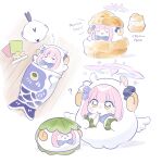  &gt;_&lt; 1girl absurdres angel_wings animal_costume blue_archive ekoru food halo highres mika_(blue_archive) sheep_costume sheep_girl sleeping smile trinity_student_(blue_archive) wings 