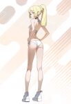  1girl absurdres ass back bikini black_choker blonde_hair breasts brown_background choker commentary english_commentary full_body green_eyes highres lillie_(pokemon) looking_at_viewer looking_back medium_hair otokakoto pokemon pokemon_sm ponytail shoes side-tie_bikini_bottom small_breasts solo standing striped_background swimsuit white_background white_shoes 