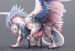 animal_genitalia balls blue_body blue_claws blue_feathers blue_fur blue_horn breeding_mount claws dragon erection feathers feral fur furred_dragon furred_scalie genitals hi_res horn knot male mythological_creature mythological_scalie mythology pawpads penis pink_knot pink_pawpads pink_penis scalie sheath solo white_body white_feathers white_fur zweikopfeinhorn