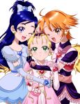  3girls :o anime_coloring arm_around_neck arm_around_waist belt belt_buckle black_arm_warmers black_dress black_hair black_shorts blonde_hair blue_brooch bow bowtie brooch brown_eyes brown_hair buckle commentary_request cowboy_shot cure_black cure_white dot_nose dress earrings expressionless eyelashes forehead frilled_arm_warmers frilled_dress frilled_sleeves frills futari_wa_precure futari_wa_precure_max_heart gold_buckle gold_earrings green_eyes group_hug hair_bow hair_ornament hand_on_another&#039;s_hand hand_on_another&#039;s_head happy heart heart-shaped_buckle heart_brooch heart_earrings heart_hair_ornament high_ponytail highres holding_another&#039;s_arm hug jewelry kujou_hikari light_blush long_dress long_hair looking_at_viewer magical_girl misumi_nagisa multiple_girls ofutonnnineko one_eye_closed open_mouth parted_lips pink_arm_warmers pink_bag pink_belt pink_bow pink_bowtie pink_dress ponytail precure red_brooch ribbon shiny_luminous short_dress short_hair short_ponytail short_sleeves shorts shorts_under_skirt side_slit simple_background smile swept_bangs turtleneck turtleneck_dress twintails very_long_hair waist_ribbon white_arm_warmers white_background white_bow white_bowtie white_dress yellow_ribbon yukishiro_honoka 