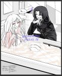  1boy 1girl atyakodayo1 averting_eyes bathing bathroom bathtub blush breasts commentary_request completely_nude curtained_hair full_body gakuran geminism gloves hair_down hand_up hands_up hirosoma_shinku indoors long_hair looking_at_another nipples nude open_mouth partially_submerged playing_with_own_hair red_eyes school_uniform see-through_body sitting small_breasts smile squatting translation_request tsukishiro_tsukishiro 
