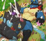 absurd_res anthro black_body black_fur blue_body blush bodily_fluids canid canine croiyan cum cum_everywhere cum_in_mouth cum_inside cum_on_back cum_on_ground cum_on_penis cum_on_shoulder cumshot destruction duo ejaculation erection excessive_cum excessive_genital_fluids eyes_closed felid fellatio fur generation_4_pokemon genital_fluids genitals hi_res lucario luxray macro male male/male mammal messy muscular muscular_male nintendo nipples oral orgasm penile penis penis_grab pokemon pokemon_(species) pokemon_mystery_dungeon precum river scarf sex spike_chunsoft spines treasure_town worship yellow_eyes