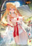  1girl absurdres aihara_mai blonde_hair blue_eyes blush breasts butterfly_hair_ornament clothes_down copyright_logo covering_breasts covering_privates double-parted_bangs full_moon groin hair_ornament highres kiramarukou large_breasts long_hair mahjong_soul moon nail_polish navel nose_blush official_art onsen outdoors parted_lips ponytail second-party_source see-through_clothes solo tree very_long_hair wading wet wet_clothes wide_sleeves 