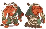  1boy afuchan back_muscles barefoot broad_shoulders chinese_clothes chinese_mythology claws facial_hair fangs mature_male muscular muscular_male open_mouth sash simple_background tiger tiger_boy tiger_stripes topknot white_hair 