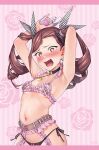  1girl arched_back armpits arms_up artist_name asymmetrical_bangs belt_collar bikini blush breasts brown_hair bullet collar copyright_name drill_hair emily_ashley fang floral_background frilled_bikini frills gun hair_ribbon handgun heart heart-shaped_pupils holding holding_gun holding_weapon honey_trap_shared_house image_sample kouzuki_kouichi micro_bikini navel nose_blush official_art open_mouth orange_eyes raised_inner_eyebrows ribbon rose_background side-tie_bikini_bottom small_breasts solo string_bikini striped_background surprised sweat swimsuit symbol-shaped_pupils third-party_source twin_drills variant_set waistband wavy_mouth weapon 