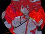  1girl buttons closed_mouth commentary double-breasted drill_hair hair_ribbon highres kasane_teto kasane_teto_(sv) koruhiraystt layered_shirt light_smile long_sleeves looking_at_viewer mosu_(synthesizer_v) red_eyes red_hair ribbon short_hair solo synthesizer_v twin_drills utau white_ribbon 