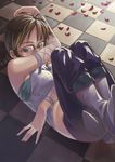  akizuki_ritsuko antenna_hair braid brown_eyes brown_hair checkered checkered_floor cool_&amp;_sexy_(idolmaster) glasses idolmaster idolmaster_(classic) idolmaster_1 inu_(aerodog) knees_on_chest knees_to_chest legs_up lying midriff perspective petals short_hair solo 