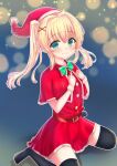  1girl 2022 absurdres alternate_costume belt black_thighhighs blonde_hair blue_background blush bow bowtie capelet christmas closed_mouth commentary dated_commentary dress eyes_visible_through_hair foot_out_of_frame green_bow green_bowtie green_eyes hair_between_eyes hair_intakes hair_ornament hands_up hat highres kokoroofiscream long_hair looking_at_viewer no_shoes outline pom_pom_(clothes) red_belt red_capelet red_dress red_hat ringed_eyes santa_costume santa_dress santa_hat short_dress sidelocks simple_background sitting smile solo summer_pockets thighhighs tsumugi_wenders twintails wariza white_outline white_wrist_cuffs wrist_cuffs x_hair_ornament zettai_ryouiki 