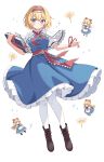  1girl absurdres alice_margatroid blonde_hair blue_dress blue_eyes blush book boots brown_boots capelet chinese_commentary commentary_request doll dress flower frilled_hairband frilled_sash frills full_body grimoire grimoire_of_alice hairband highres holding holding_book lace-up_boots lolita_hairband looking_at_viewer open_mouth pantyhose puffy_short_sleeves puffy_sleeves red_hairband red_sash sash setteiset shanghai_doll shoes short_sleeves simple_background solo touhou waist_sash white_background white_capelet white_pantyhose 