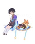  1boy animalization belt bird black_belt black_bodysuit black_bow black_bridal_gauntlets black_cat black_hair black_sandals black_shorts blue_gemstone blue_kimono blue_sleeves blunt_ends blush bodysuit bow bridal_gauntlets cape cat eyeliner eyeshadow feathers fox full_body furisode gem genshin_impact gold hands_on_own_thighs hat heart highres japanese_clothes jingasa juban kimono layered_sleeves leg_warmers looking_at_animal looking_down makeup male_focus mandarin_collar nero_hanken niwa_(genshin_impact) no_mouth open_clothes open_kimono person_and_animalization pom_pom_(clothes) purple_cape purple_eyes purple_hat purple_sash red_eyeliner red_eyeshadow sandals sash scaramouche&#039;s_sickly_friend_(genshin_impact) scaramouche_(cat)_(genshin_impact) scaramouche_(genshin_impact) short_sleeves shorts sitting sketch unworn_hat unworn_headwear vision_(genshin_impact) wanderer_(genshin_impact) white_background white_kimono white_leg_warmers white_sleeves wispy_bangs yellow_feathers zouri 