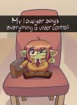 20pesos_sopa :&gt; absurd_res ahoge big_breasts blush breasts brown_hair chair chibi english_text eyelashes female furniture gesture goblin hair hand_gesture hi_res humanoid humanoid_pointy_ears lawyer looking_at_viewer lula_(20pesos_sopa) not_furry one_eye_closed pointy_ears sitting solo text thumbs_up wink