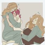  1boy 2girls black_jacket closed_eyes commentary curly_eyebrows dannymans66 dress english_commentary hair_over_one_eye heart highres hug jacket long_dress long_hair long_sleeves mother_and_daughter mother_and_son multiple_girls multiple_views one_piece sanji_(one_piece) short_hair short_sleeves tears vinsmoke_reiju vinsmoke_sora 