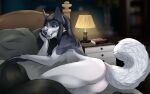 2023 anthro artist_name barely_visible_genitalia barely_visible_vulva bed bedding biped black_hair black_nose black_sclera blanket blurred_background book breasts butt cana_de_lone canid canine dark_abyss digital_media_(artwork) eyebrows fangs female fox fur furniture genitals grey_body grey_fur hair head_on_hand hi_res inside inviting lamp long_hair looking_at_viewer lying mammal nightstand nude on_side solo teeth text toothy_smile vulva white_body white_fur