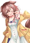  1girl absurdres animal_ears bone_hair_ornament braid brown_hair dog_ears dog_girl dog_tail dress hair_ornament hajime_yo highres hololive inugami_korone jacket long_hair looking_at_viewer one_eye_closed open_mouth solo tail twin_braids virtual_youtuber white_dress yellow_jacket 