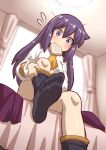  1girl absurdres aged_down black_socks blush bread bread_slice breasts convenient_leg fate/grand_order fate_(series) feet food food_in_mouth foot_focus guriguri_(arayotto4351) hat highres long_hair looking_at_viewer mouth_hold purple_eyes purple_hair shirt sion_eltnam_(type-moon) sion_eltnam_sokaris sitting skirt small_breasts socks solo toast toast_in_mouth unworn_hat unworn_headwear unworn_skirt white_shirt 