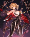  1girl arm_strap black_jacket black_pants black_shoes blonde_hair breasts evelyn_chevalier high_heels jacket large_breasts leather leather_pants looking_at_viewer necktie o-ring o-ring_thigh_strap pants red_jacket shirt shoes short_hair sleeveless sleeveless_shirt solo sumustard thigh_strap two-sided_fabric two-sided_jacket white_shirt yellow_necktie zenless_zone_zero 
