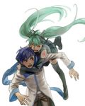  1girl ahoge bad_id bad_pixiv_id blue_hair blue_scarf cling detached_sleeves esukee glomp green_hair hatsune_miku hug jumping kaito long_hair scarf tackle thighhighs twintails vocaloid 