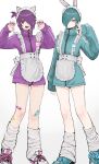  2boys 2n5 absurdres androgynous animal_ear_fluff animal_ears apron aqua_hair aqua_jacket bandaid bandaid_on_knee bandaid_on_leg blue_jacket cat_ears closed_mouth crossdressing ear_piercing earrings eyelashes fake_animal_ears full-length_zipper hair_ornament hair_over_one_eye hairclip highres jacket jersey_maid jewelry loose_socks maid maid_apron maid_headdress male_focus male_maid multiple_boys nail_polish name_tag one_side_up open_mouth original paw_pose piercing purple_eyes purple_hair purple_jacket purple_nails rabbit_ears shoes short_hair simple_background sneakers socks standing teeth tongue track_jacket trap unconventional_maid v white_background yellow_eyes zipper 