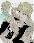  1boy 1girl alternate_costume bite_mark blonde_hair blood blood_on_face blood_on_hands blush commentary_request dio_brando ear_birthmark enrico_pucci fangs genderswap genderswap_(mtf) hetero hickey highres injury jojo_no_kimyou_na_bouken licking_blood male_focus mgong520 multiple_boys nun priest red_eyes stone_ocean traditional_nun translation_request vampire 