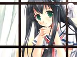  amesarasa artist_request black_hair chiyokawa_rin from_outside green_eyes hair_ornament hairclip hands_together highres looking_out_window school_uniform solo teruterubouzu wallpaper window 