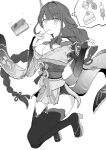  1girl absurdres armor braid braided_ponytail breasts bridal_gauntlets commentary_request full_body genshin_impact greyscale hair_ornament highres japanese_clothes kimono large_breasts long_hair mitsudomoe_(shape) mole mole_under_eye monochrome obi obiage obijime pauldrons platform_sandals raiden_shogun sandals sash sei_(karupiza1490208) shoulder_armor shrug_(clothing) single_braid single_pauldron solo speech_bubble thighhighs thought_bubble tomoe_(symbol) very_long_hair 