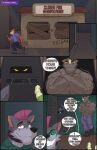 alley anthro boarded_window bulge canid canine comic dialogue english_text fangs felid fur glowing glowing_eyes grey_body grey_fur grey_skin grin group hair hi_res kento267 mammal mohawk multicolored_body multicolored_fur pink_hair prehistoric_species pupils question_mark red_body red_fur red_pupils rhinoceros running saber-toothed_tiger shirtless shirtless_male smile spiral spiral_eyes teeth text toothy_grin trio two_tone_body two_tone_fur yellow_sclera
